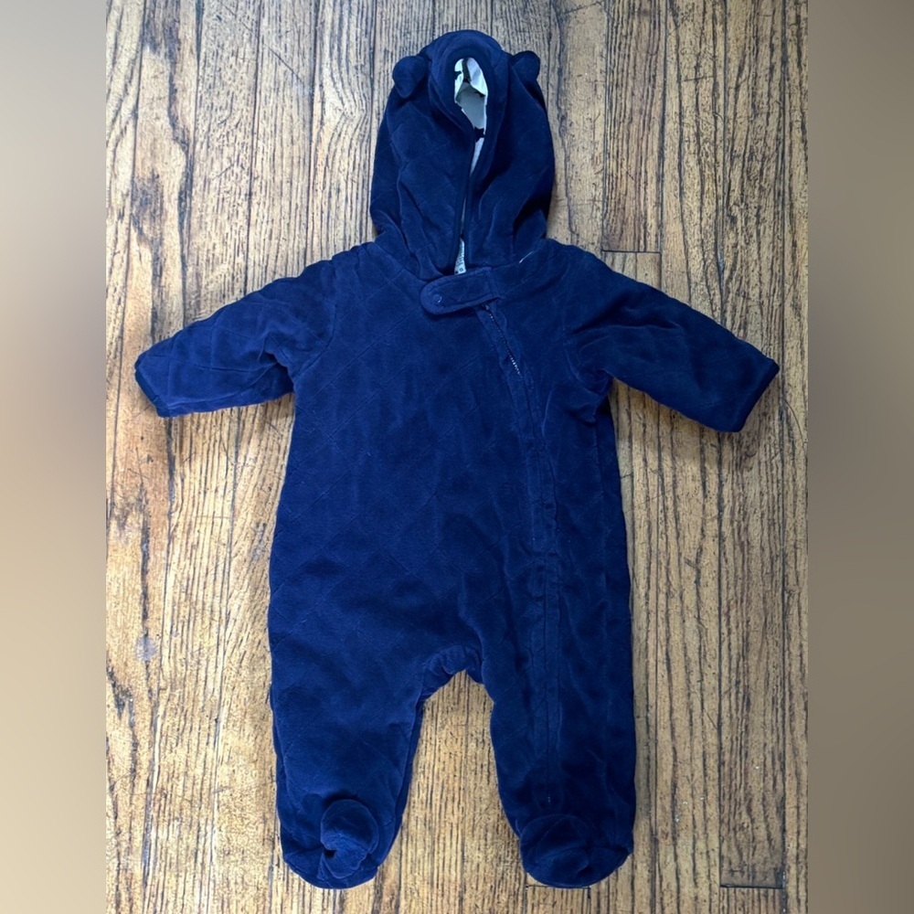 Small Wonders Navy Blue Quilted Velour Bear Ears Baby Snowsuit 0 - 3 Months Cute
